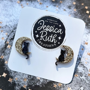 Beautiful Handmade Cat and Moon Stud Earrings, spooky and funky jewelry, hypoallergenic stainless steel posts
