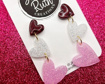 Cute Valentine's Day 3 Heart Drop Dangle Earrings with Hypoallergenic Gold Plated Hardware, funky sparkly vday accessory