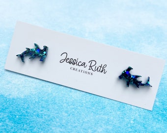 Handmade Blue Hammerhead Shark Stud Earrings: Hypoallergenic Stainless Steel