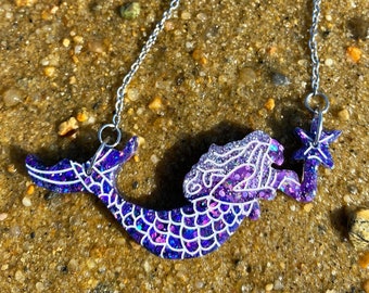 Handmade Glitter Mermaid Necklace with Stainless Steel 16 Inch Chain and 3 Inch Extender, beautiful beach ocean gift