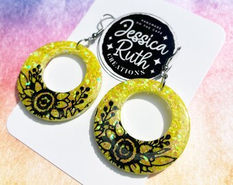 Handmade Big Yellow Circle Sunflower Dangle Earrings