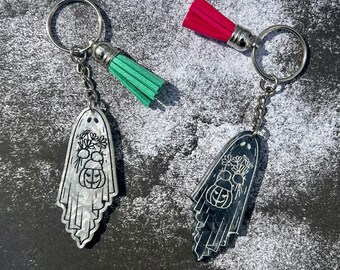Cute Handmade Ghost Keychain, black or white with choice of tassel, accessories for bags and purses,