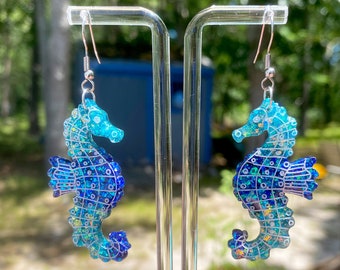 Handmaid Blue Seahorse Dangle Earrings, stainless steel hardware, cute ocean jewelry for summer