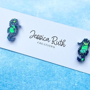 Handmade Adorable Tiny Glitter Seahorse Stud Earrings, beachy ocean accessory and jewelry, gift for a beach and sea creature lover