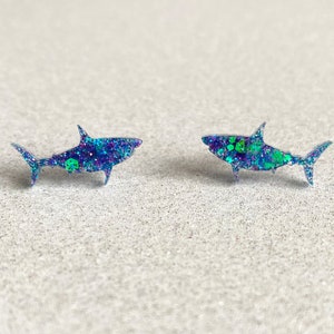 Shark Stud Earrings, shark studs with blue and purple glitter, seashell blue shark glitter earrings, gift for beach lover