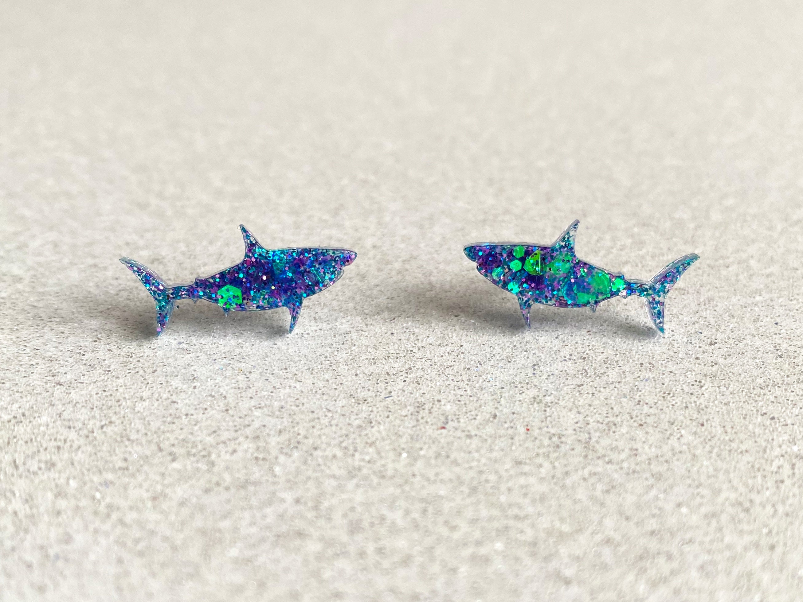 Shark Stud Earrings Shark Studs With Blue and Purple Glitter - Etsy