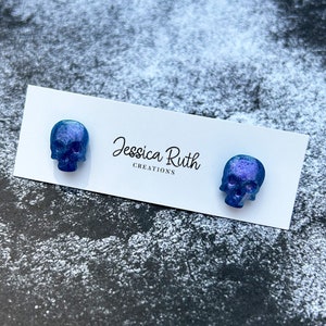 Handmade Black or Blue Faceted Skull Stud Earrings, hypoallergenic stainless steel posts, unique gothic spooky jewelry