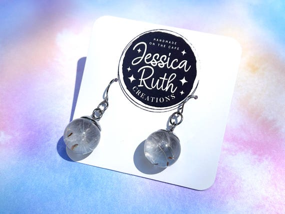 Real Dandelion Seed Globe Earrings Handmade with Resin, Hypoallergenic Stainless Steel Hooks, Make A Wish