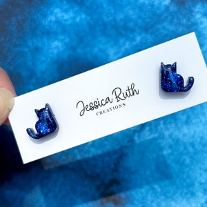Handmade Cute Cat Stud Earrings, kitten earrings, fun glitter studs, gift for cat lady