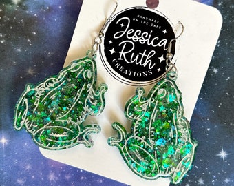 Big Green Celestial Frog Dangle Earrings