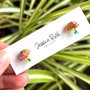 Handmade Mushroom Stud Earrings with Real Dried Flowers and Gold Flakes