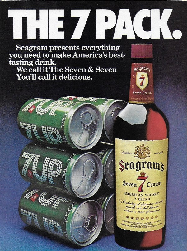 70s Vintage Bar Art seagrams 7 7up Six Pack 1974 Advertisement playboy