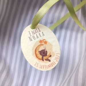 20pz TAG ORSETTO Nascita, Battesimo, Comunione, Compleanno - bigliettini per bomboniere personalizzati per bambini, rosa azzurro verde