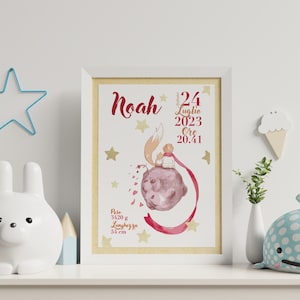 Geburtsbild des kleinen Prinzen, Kinderbild mit Gewicht, Länge, Datum und Uhrzeit. Personalisiertes Bild mit Aquarell kleiner Prinz