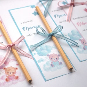 10pcs Bookmarks with bow, pencil or ribbon, baptism, birth, communion, birthday, gift idea, children's party favor, teddy bears, pink, blue
