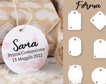 TAG CARTONCINO - Battesimo, Comunione, compleanno, Cresima, Matrimonio - bigliettini per bomboniere personalizzati, 6 forme