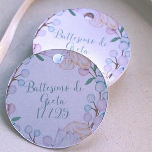 10pcs ETIQUETA REDONDA mod.025 PASTEL: Nacimiento, Bautizo, Primer Cumpleaños - tarjetas personalizadas para regalo de bebé | pegatinas o con agujero