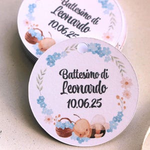 10pz TAG TONDO mod.019 APETTA, per Nascita, Battesimo, Primo Compleanno - bigliettini bomboniere bimbi, personalizzati | adesivi o con foro