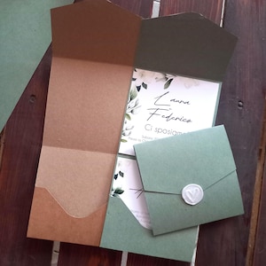 Handmade wedding envelope, in: sage, havana, ivory, white, for elegant invitations, with pocket, folding format 13 x 13 cm