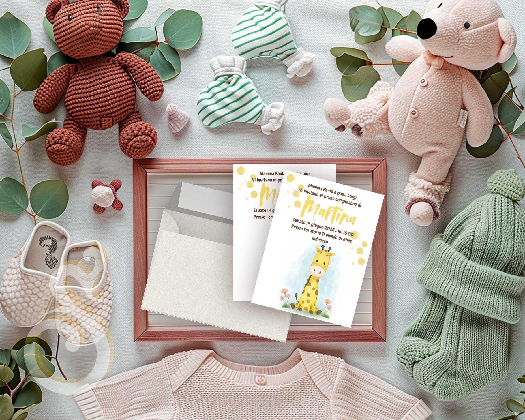 10pz Inviti primo compleanno o battesimo x bimbo o bimba con giraffa acquerello, invito compleanno bimbi, cartolina+busta, personalizzabile