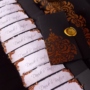 INVITI nozze foglia oro, partecipazioni nozze eleganti nero oro, inviti nozze carta cotone, con sigillo, partecipazioni BEA, Italia