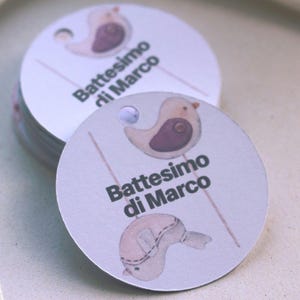10pz TAG TONDO mod.026 Uccellini: Nascita, Battesimo, Primo Compleanno - biglietti bomboniere bimbi, personalizzati | adesivi o con foro