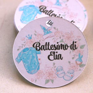 10pz TAG TONDO mod.023 scarpine: Nascita, Battesimo, Primo Compleanno - biglietti bomboniere bimbi, personalizzati | adesivi o con foro