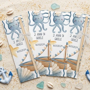 10 stuks SEA-boekenleggers met strik, potlood of lint, voor doop, geboorte, communie, verjaardag, als cadeau-idee, feestartikel of placeholder met zeethema.