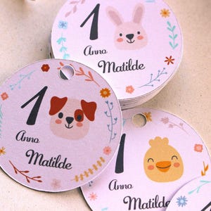 10pcs ETIQUETA REDONDA mod.020 ANIMALES: Nacimiento, Bautizo, Primer Cumpleaños - etiquetas personalizadas para regalos de bebé | pegatinas o con agujero