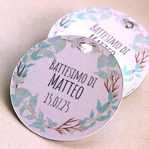 10pcs ETIQUETA REDONDA mod.021 flores azules: Nacimiento, Bautizo, Primer Cumpleaños - tarjetas personalizadas para regalos de bebé | pegatinas o con agujero