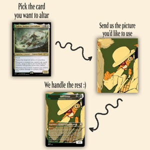 May include: An image showcasing custom card art for a trading card game. The image includes a card with the text "Tadeas, Juniper Ascendant" and another with "God Usopp". Text reads "Pick the card you want to altar" and "We handle the rest :)".