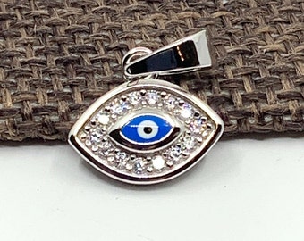 925 Sterling Silver Evil Eye Pendant, CZ Eye necklace charm, Cubic Zirconia Blue Evil Eye, Eye Shaped, Malocchio, 1pc, Nazar, Protection