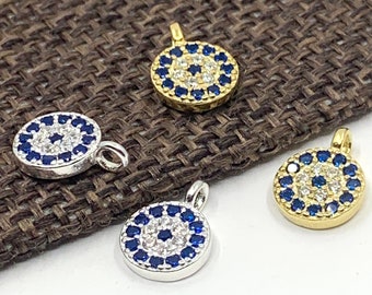 925 Sterling Silver Evil Eye, Round Blue Eye Charm, CZ Evil Eye, Malocchio Charm, DIY Bracelet Jewelry, Mal de Ojo, Supplier, Dainty Jewelry