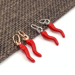 925 Sterling Silver Italian Horn, 1pc Red Cornicello Charm Pendant, Italian Silver, Made in Italy, Good luck Charm, Red horn, Italy horn