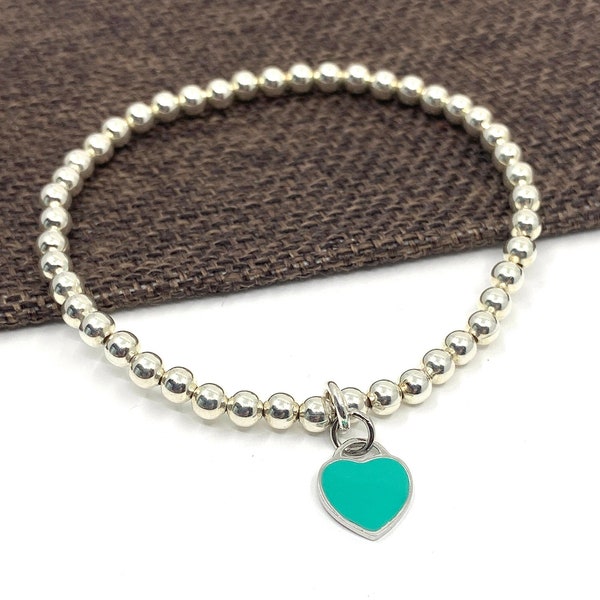 Bracelet en argent sterling de 4 mm, bracelet Blue Heart Charm, extensible réglable, bracelet perlé lisse rond, fait à la main