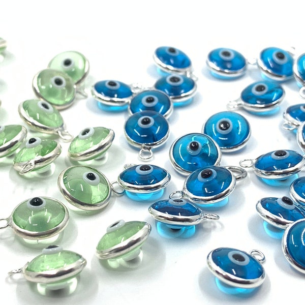 925 Sterling Silver Evil Eye Charm, Green Evil eye, Lucky, Round Blue Eye Pendant, Mini Malocchio, DIY Bracelet Jewelry, Mal de Ojo, Supply