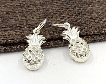 Sterling Silver Pineapple Charm, 2 sided, 925 Bright Silver Charms, Puffy Pineapple Charm, Hollow Pineapple Pendant, Fruit Charms, Dangle