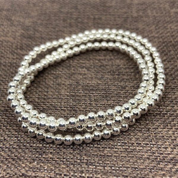 925 Silver Bead Bracelet, 3mm Ball Beaded Seamless Bracelet, Layering Stretch Bracelet, Stacking bracelet, Gift for Mom, Women Jewelry