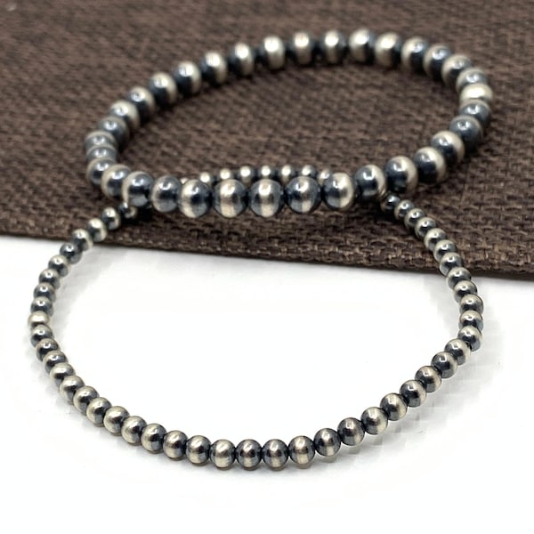 Bracelet de perles Navaho, 4 mm, perles en argent sterling, bracelet de perles, réglable, bracelet extensible, bracelet en argent sterling oxydé