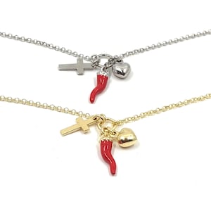 Italian Charm Bracelet, Horn Bracelet, Cross Bracelet, Heart bracelet, 925 Silver, Red Cornicello Bracelet, Vermeil gold, Made in Italy