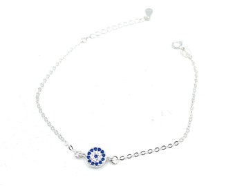 Tiny Evil Eye Bracelet, Sterling Silver, Coin CZ Charm Bracelet, Adjustable, Everyday Bracelet, Cubic Zirconia, Dainty Jewelry, Protection