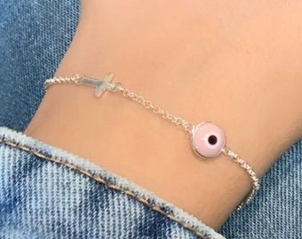 Mal de ojo bracelet, Light Pink evil eye with cross bracelet, 925 Sterling Silver, Mini Cross Bracelet, Adjustable, Dainty Jewelry Present