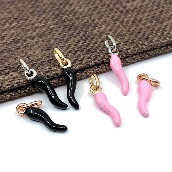 925 Pink and Black Italian Horn, Pink, Black Cornicello Charm, Italian Silver, Made in Italy, Good luck Charm, Pink horn, Italy horn, Bulk