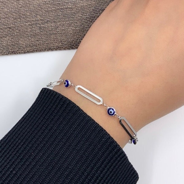 Evil Eye Bracelet, Paper Clip Bracelet, 925 Sterling Silver Bracelet, Blue Evil Eye, Stacking bracelets, Minimalist, Bridesmaid gift