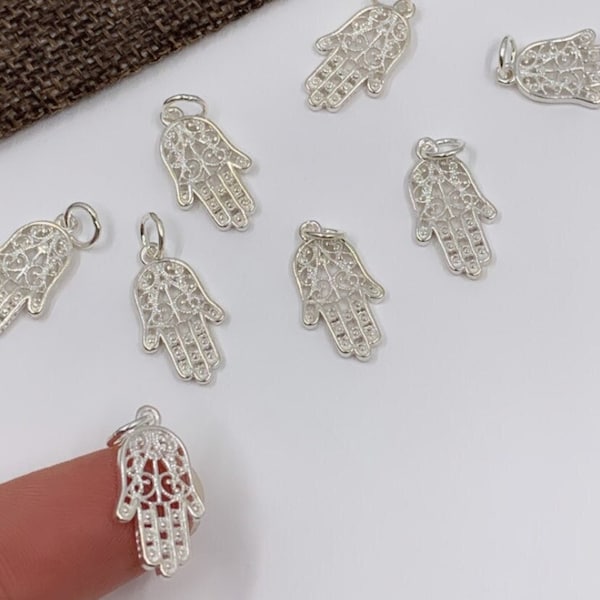 925 Sterling Silver Hamsa Charm, Filigree Hamsa Charm, Silver hand Pendant, Hand of Fatima Pendant, Bracelet/ Necklace Charm, Supplier