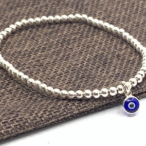 Evil Eye Bracelet, 3mm bead Sterling Silver, Murano Glass Evil eye, Malocchio, Protection Bracelet, Stretch Bracelet, Dainty, Gift jewelry