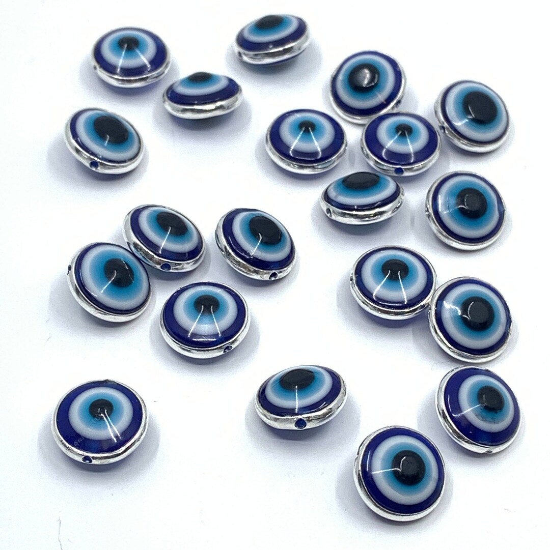 925 Sterling Silver Evil Eye Bead, Double Sided, 11mm, Round Enamel