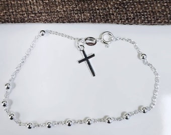 Rosary bracelet, Silver Cross Bracelet, 925 Sterling Silver, 3mm Bead Bracelet,  Mini Cross Bracelet, Dainty Jewelry Present, Gift