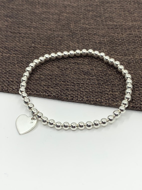 Silver Heart Bracelet, 925 Sterling Silver, 4mm Beaded