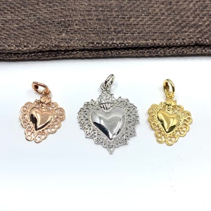 925 Sterling Silver Sacred Heart Pendant, Ex-Voto Heart, Milagro heart pendant, Flaming Heart